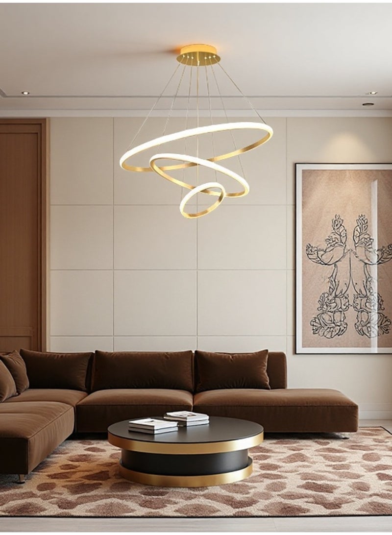 An LED chandelier composed of three light rings, with three adjustable colors of light, adjustable height, controlled by switch or remote control. Suitable for placement on dining tables, living rooms, bedrooms, villas, etc. - Image 3